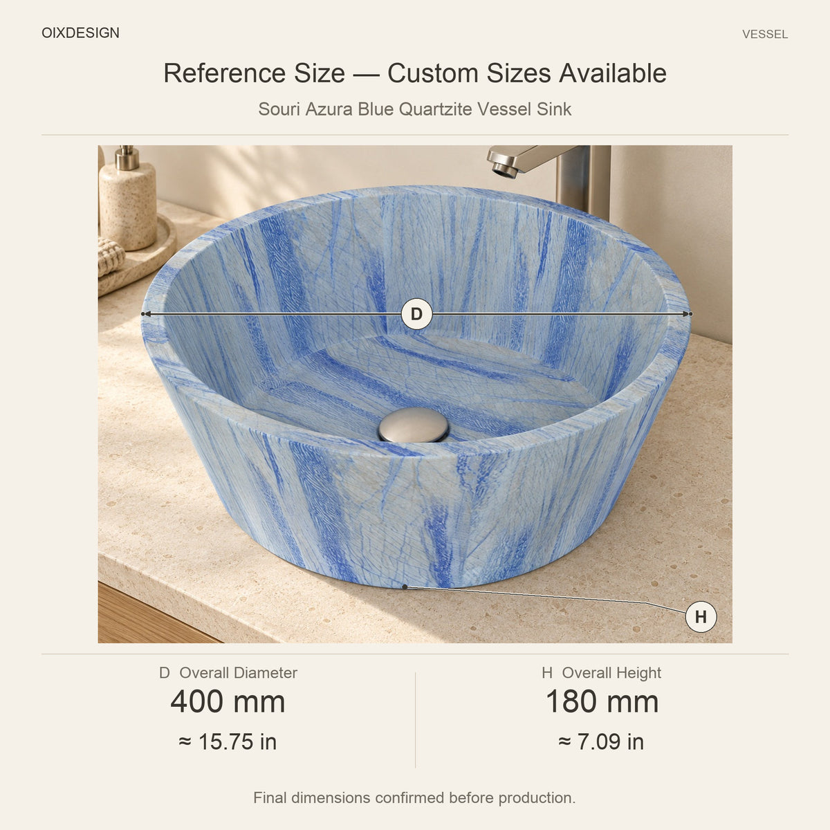 Souri Azura Blue Quartzite Vessel Sink reference overall dimensions in millimeters and inches