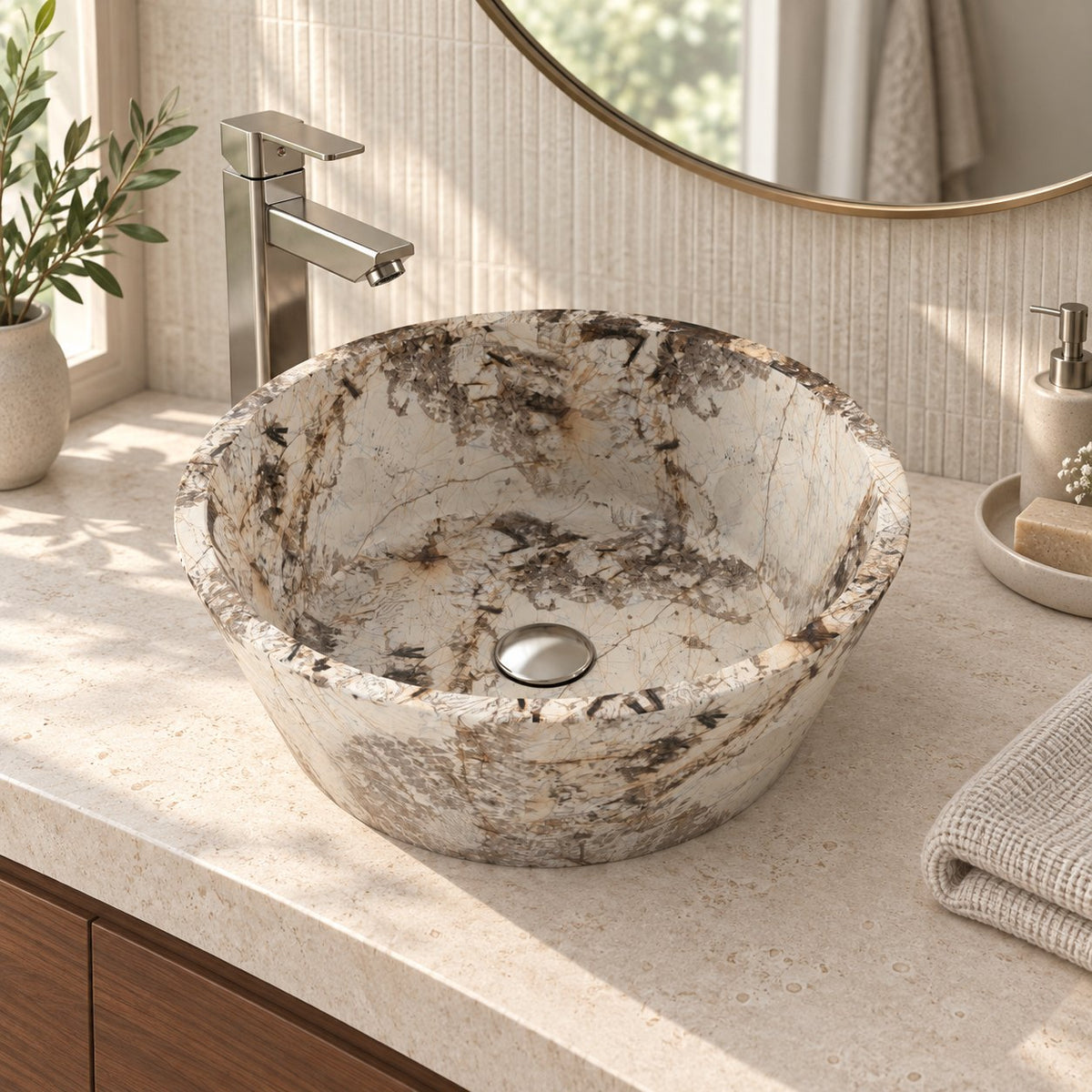 Souri Pandora Blanc Quartzite Vessel Sink — three-quarter bathroom lifestyle