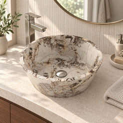 Souri Pandora Blanc Quartzite Vessel Sink — three-quarter bathroom lifestyle