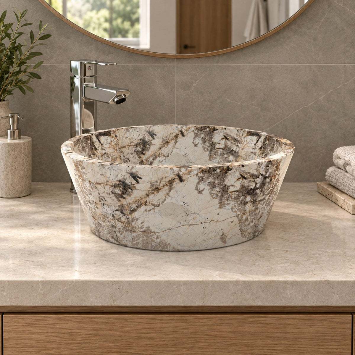 Souri Pandora Blanc Quartzite Vessel Sink — low frontal bathroom lifestyle