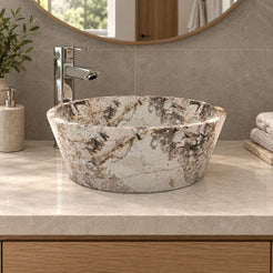 Souri Pandora Blanc Quartzite Vessel Sink — low frontal bathroom lifestyle
