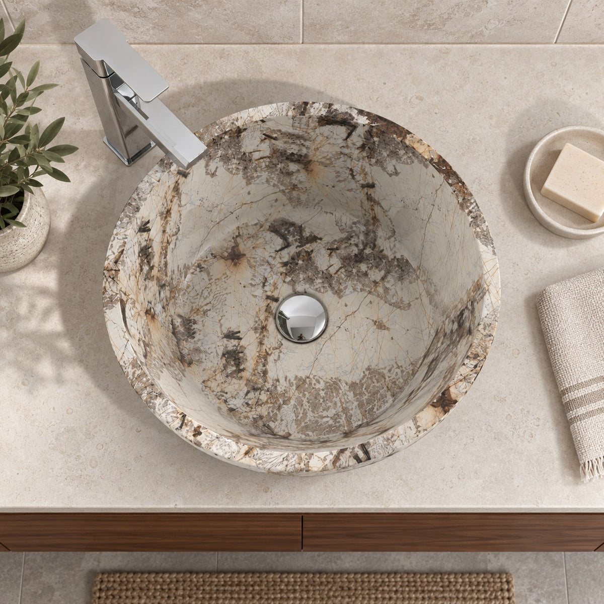 Souri Pandora Blanc Quartzite Vessel Sink — overhead bathroom lifestyle