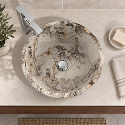 Souri Pandora Blanc Quartzite Vessel Sink — overhead bathroom lifestyle