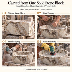 Souri Pandora Blanc Quartzite Vessel Sink carved from one solid stone block, showing manual hammer-and-chisel carving, hand shaping and hand polishing; custom stone, size and finish.
