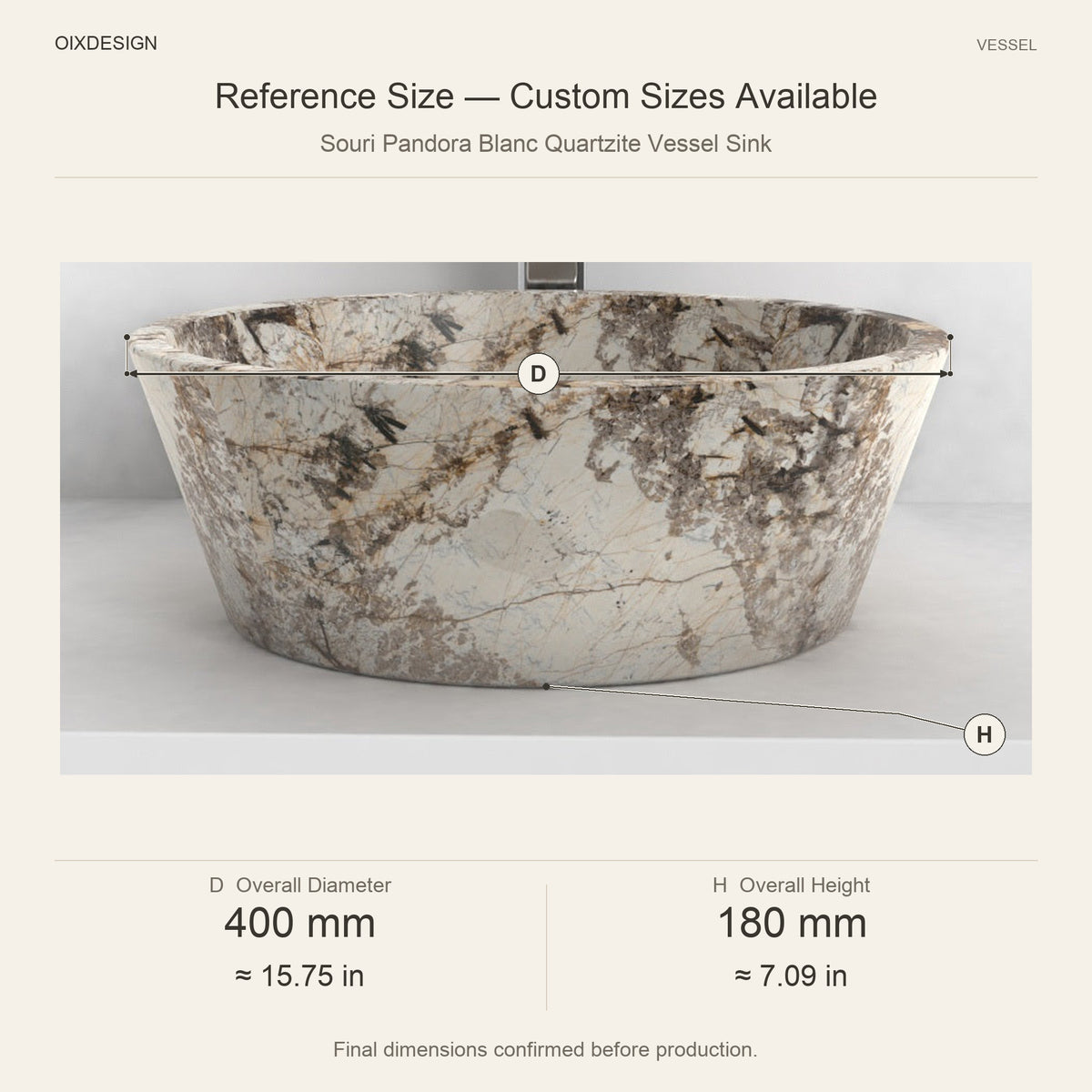 Souri Pandora Blanc Quartzite Vessel Sink reference overall dimensions in millimeters and inches