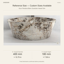 Souri Pandora Blanc Quartzite Vessel Sink reference overall dimensions in millimeters and inches