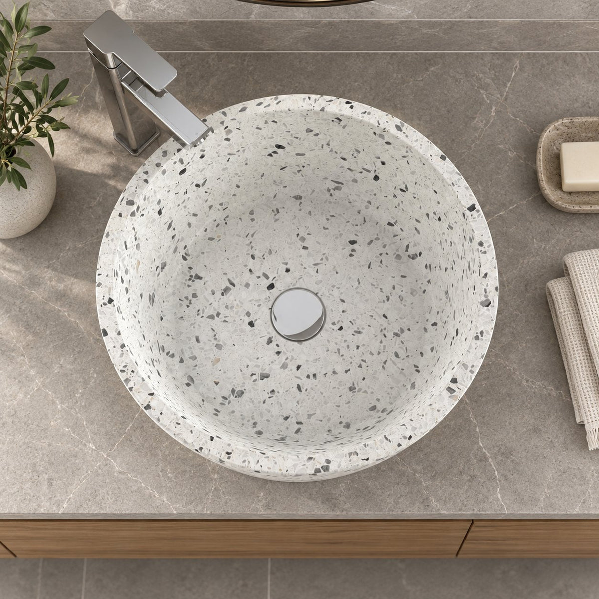 Souri White Terrazzo Vessel Sink — overhead bathroom lifestyle