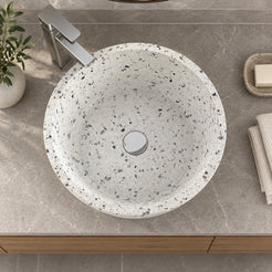 Souri White Terrazzo Vessel Sink — overhead bathroom lifestyle