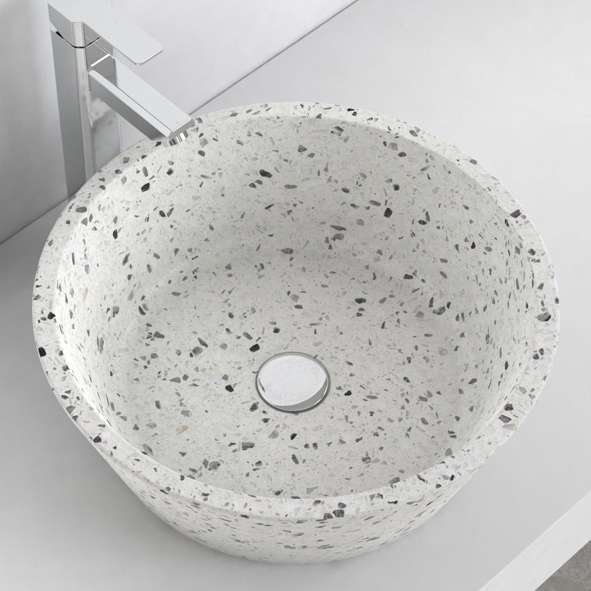 Souri White Terrazzo Vessel Sink, interior, rim and material detail