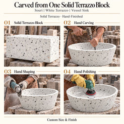 Souri White Terrazzo Vessel Sink carved from one solid terrazzo block, with hand carving, hand shaping and hand polishing; custom size and finish.