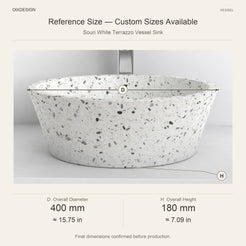 Souri White Terrazzo Vessel Sink reference overall dimensions in millimeters and inches