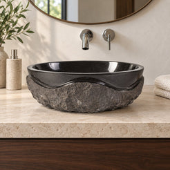Sparrow Neroco Stone Vessel Sink — low frontal bathroom lifestyle