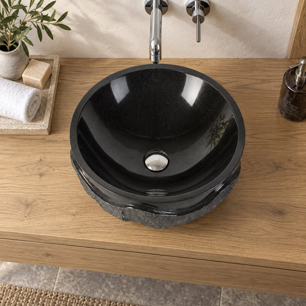 Sparrow Neroco Stone Vessel Sink — overhead bathroom lifestyle