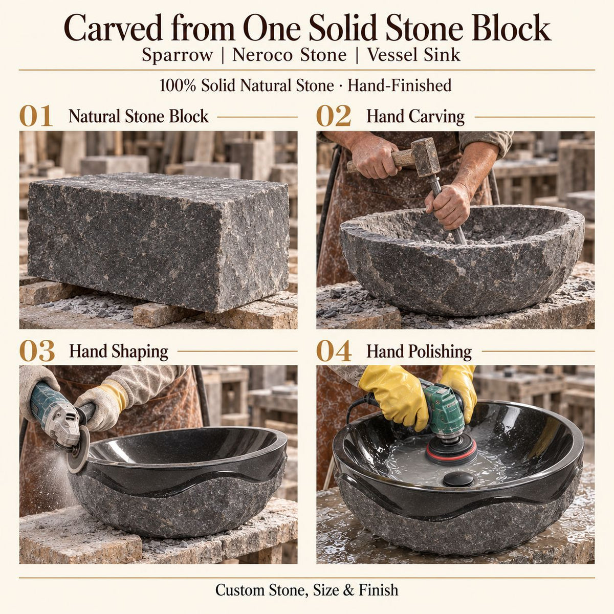 Sparrow Neroco Stone Vessel Sink carved from one solid stone block, showing manual hammer-and-chisel carving, hand shaping and hand polishing; custom stone, size and finish.