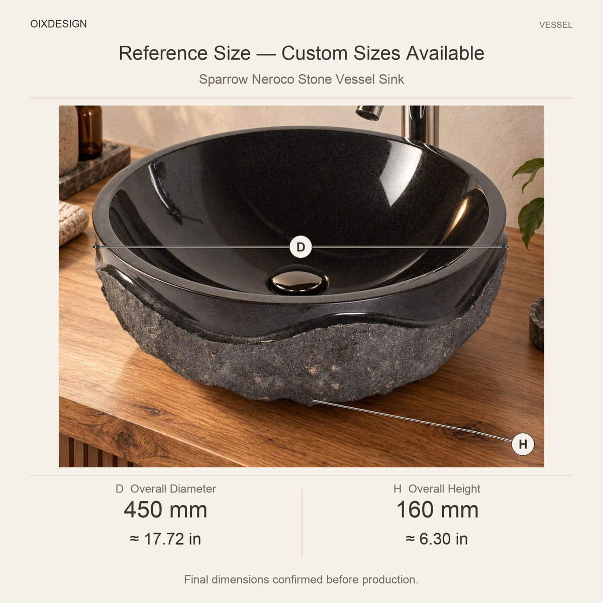 Sparrow Neroco Stone Vessel Sink reference overall dimensions in millimeters and inches