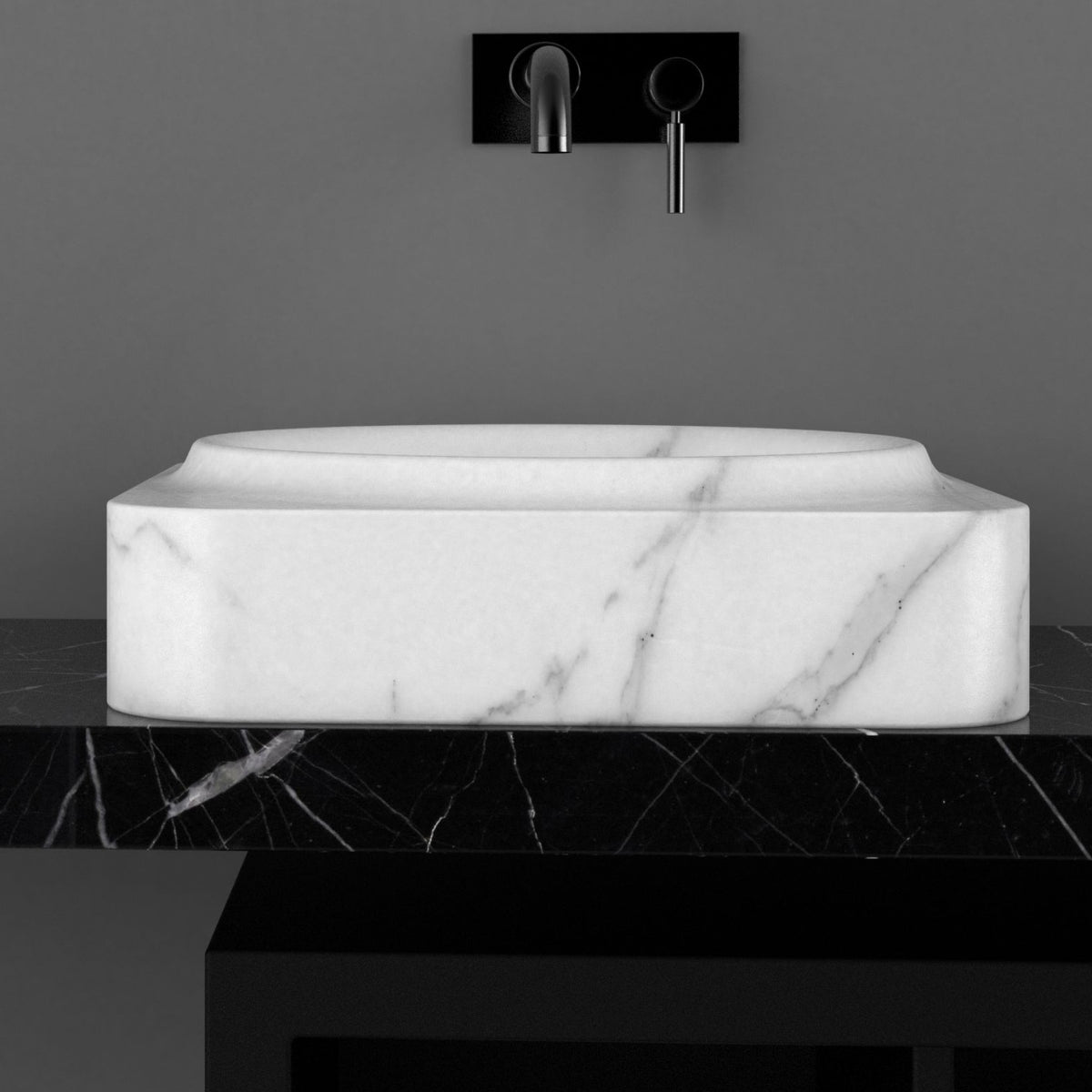 Spencer Arabescato Marble Vessel Sink, overall shape and side profile