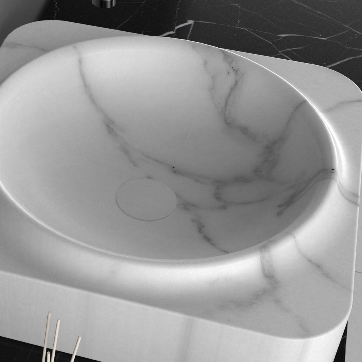 Spencer Arabescato Marble Vessel Sink, interior, rim and material detail