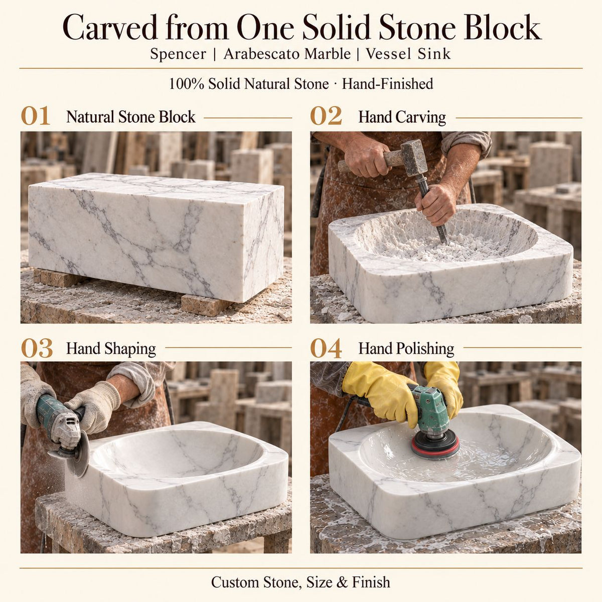 Spencer Arabescato Marble Vessel Sink carved from one solid stone block, showing manual hammer-and-chisel carving, hand shaping and hand polishing; custom stone, size and finish.