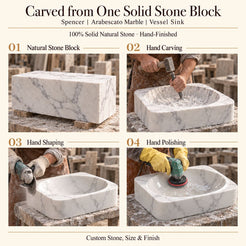 Spencer Arabescato Marble Vessel Sink carved from one solid stone block, showing manual hammer-and-chisel carving, hand shaping and hand polishing; custom stone, size and finish.