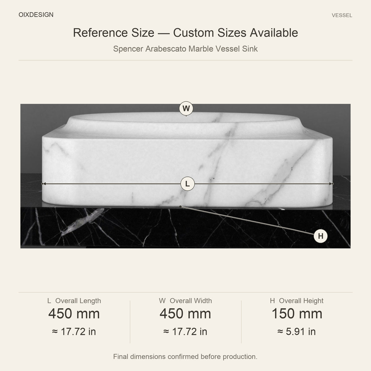 Spencer Arabescato Marble Vessel Sink reference overall dimensions in millimeters and inches