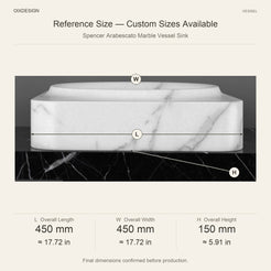 Spencer Arabescato Marble Vessel Sink reference overall dimensions in millimeters and inches