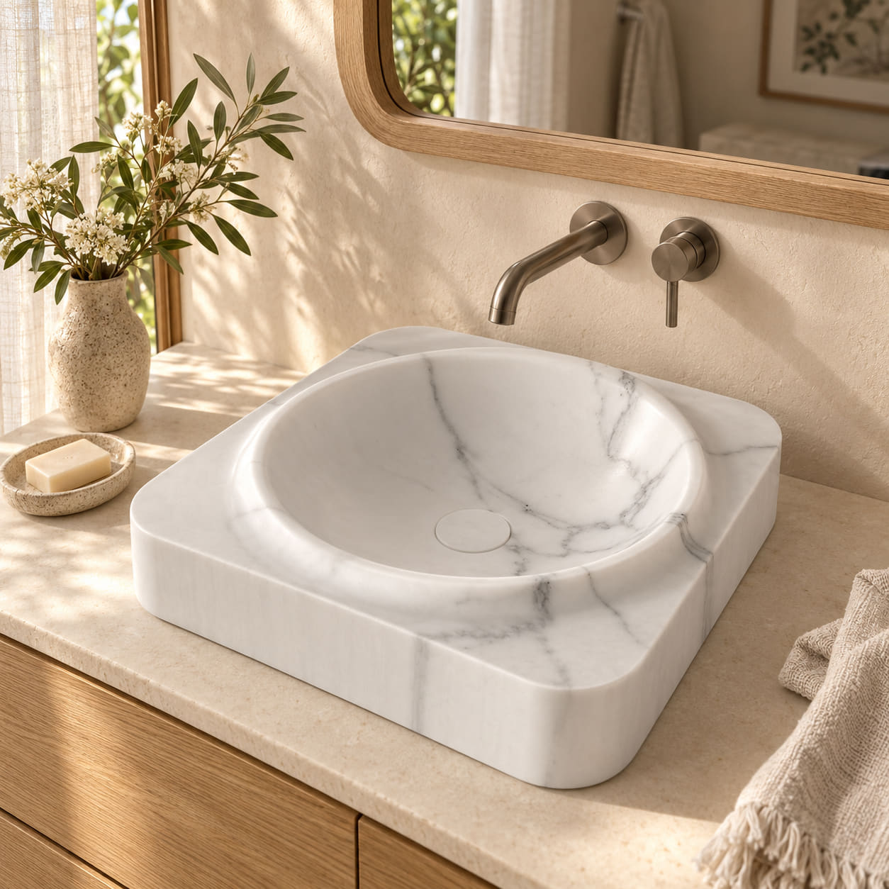 Spencer Arabescato Marble vessel sink in a warm oak and ivory bathroom, with a rounded-square body, raised circular basin rim and matching stone drain cover.