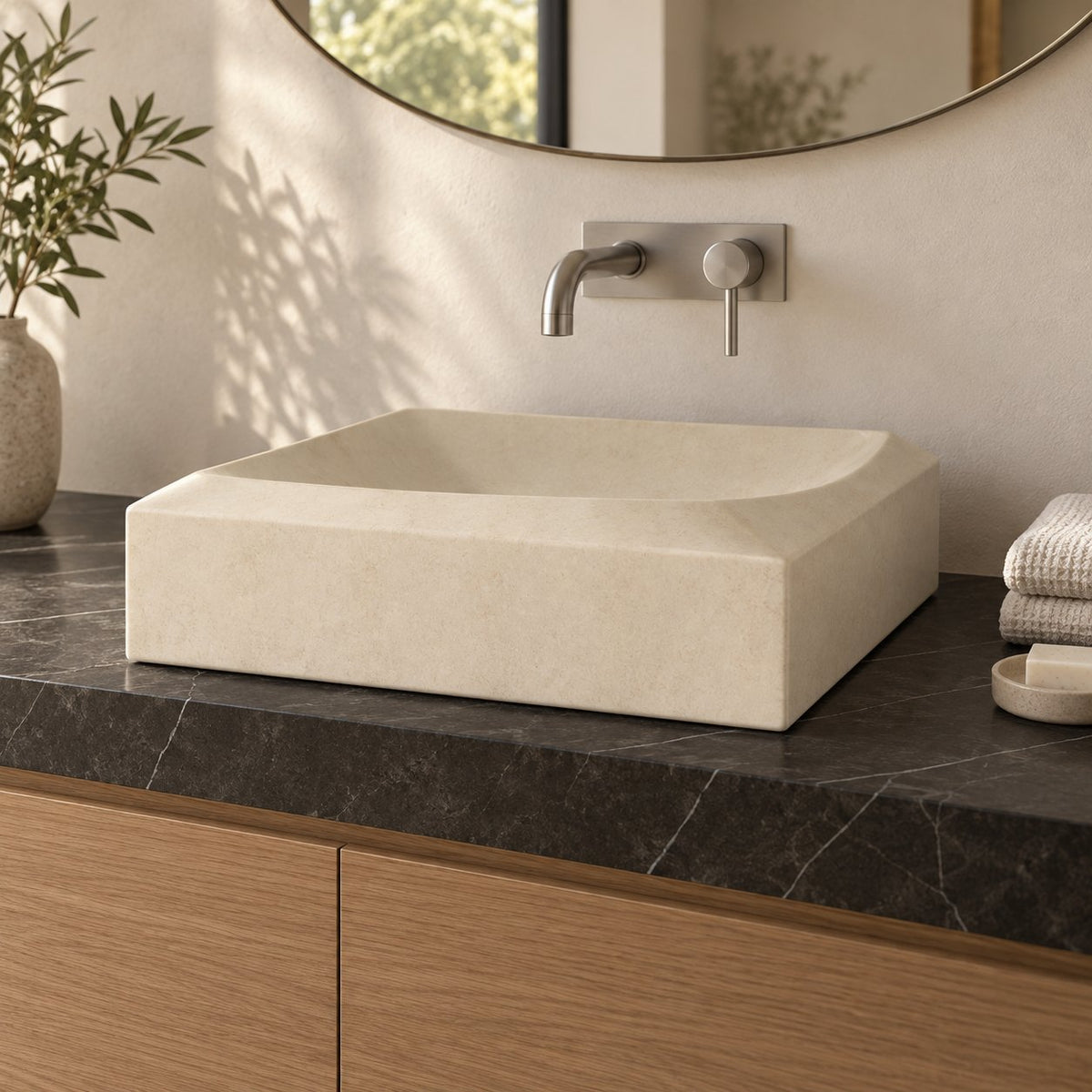 Spezala Botticino Marble Vessel Sink — low frontal bathroom lifestyle