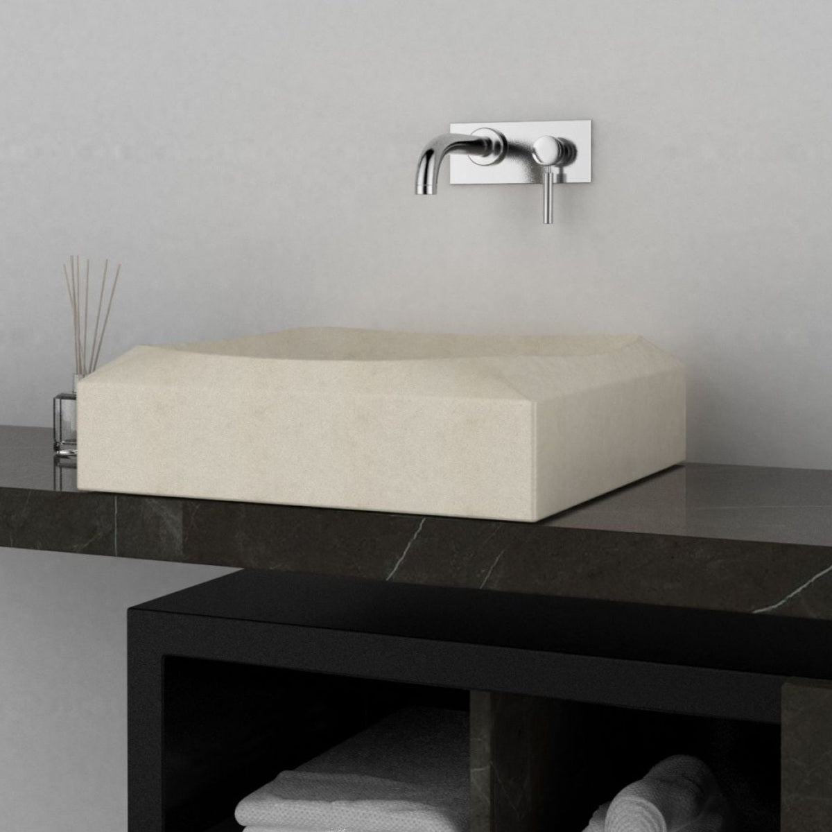 Spezala Botticino Marble Vessel Sink, overall shape and side profile