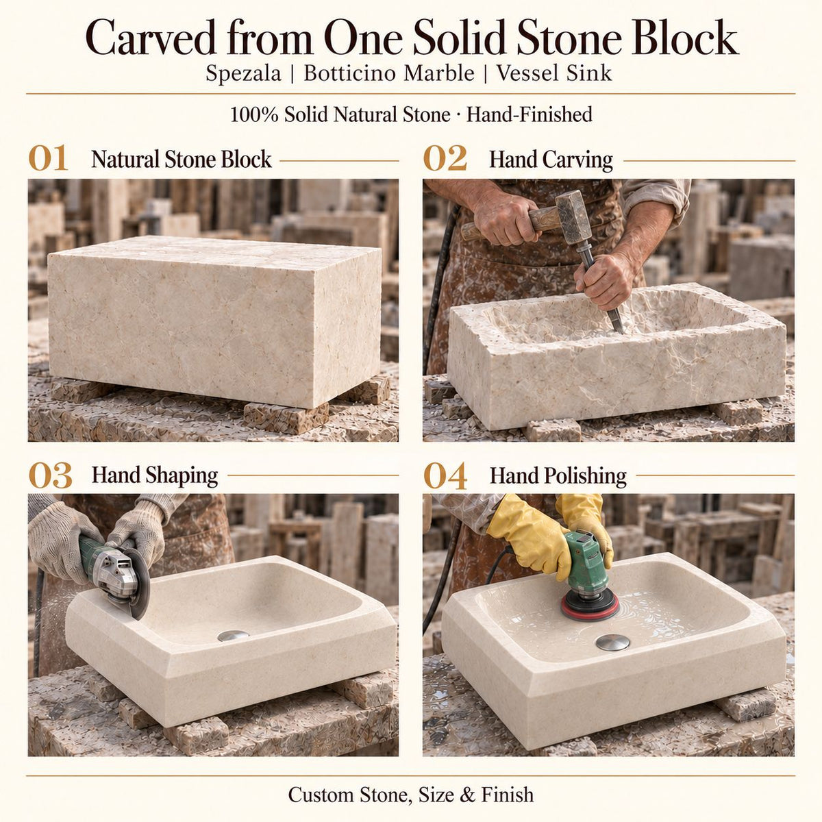 Spezala Botticino Marble Vessel Sink carved from one solid stone block, showing manual hammer-and-chisel carving, hand shaping and hand polishing; custom stone, size and finish.