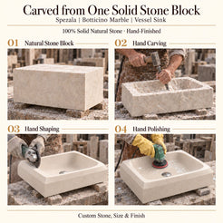 Spezala Botticino Marble Vessel Sink carved from one solid stone block, showing manual hammer-and-chisel carving, hand shaping and hand polishing; custom stone, size and finish.