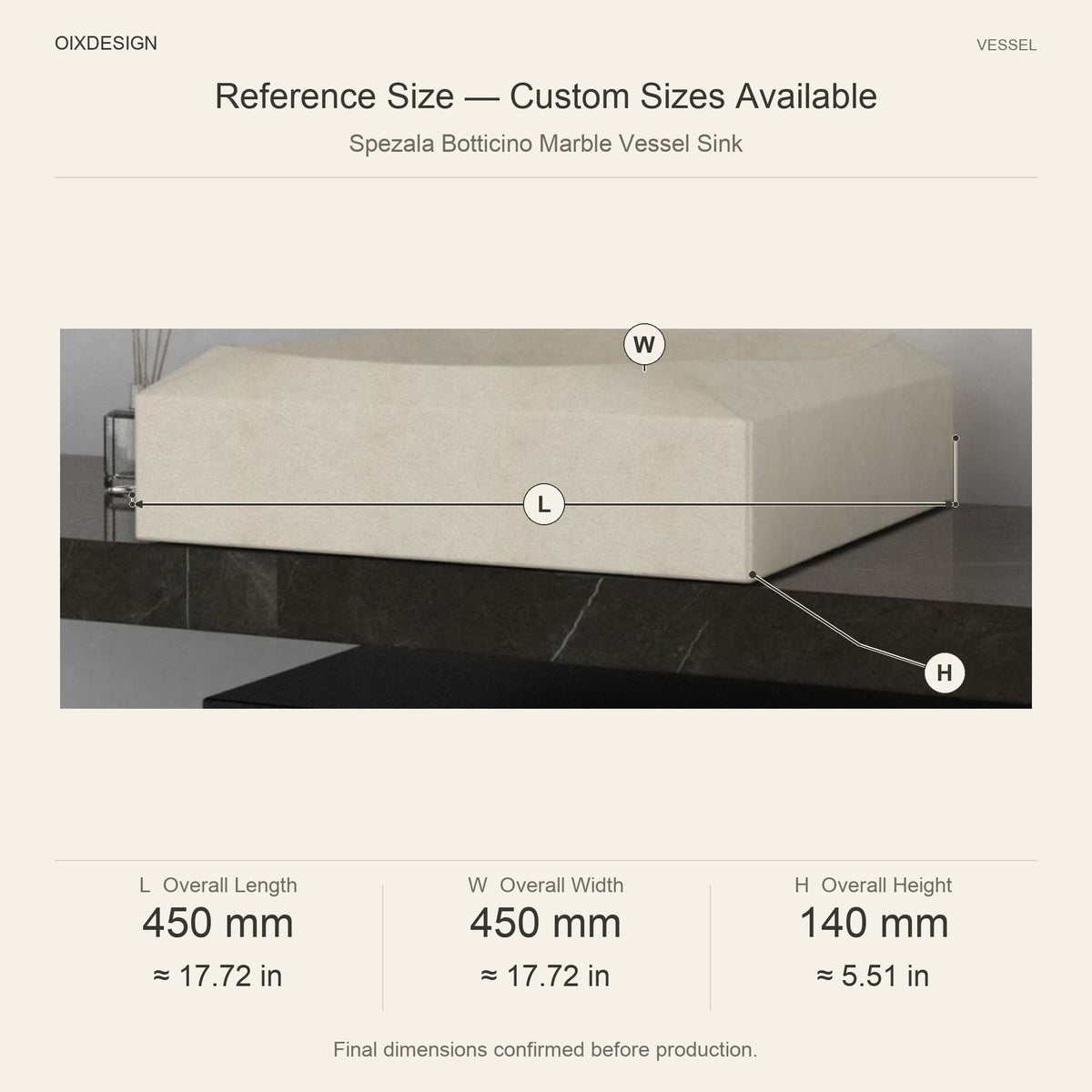 Spezala Botticino Marble Vessel Sink reference overall dimensions in millimeters and inches