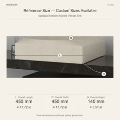 Spezala Botticino Marble Vessel Sink reference overall dimensions in millimeters and inches