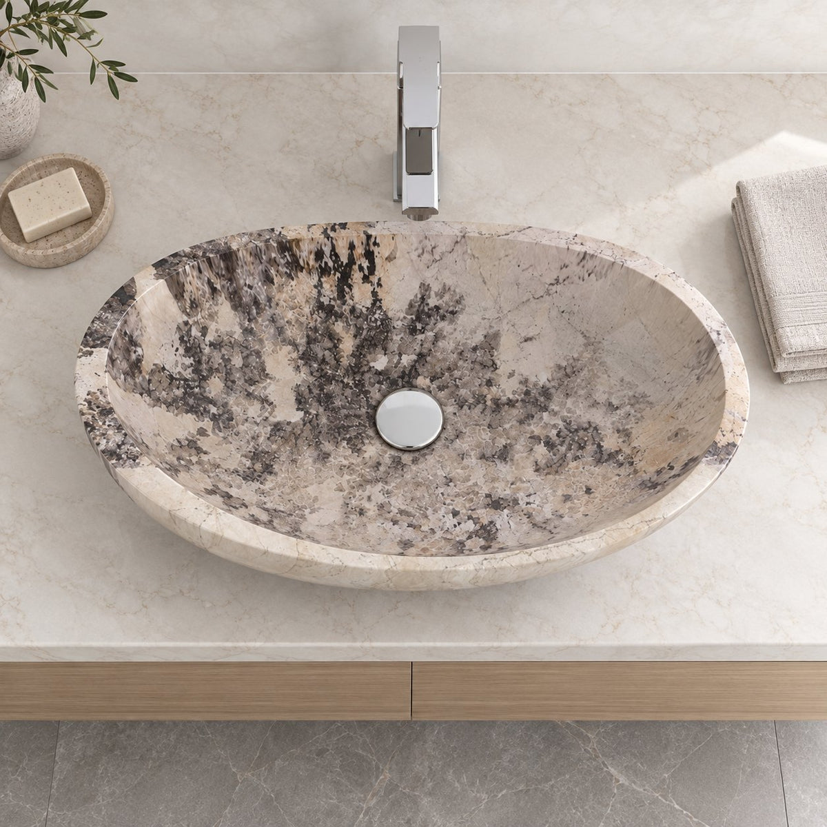 Spirit Pandora Blanc Quartzite Vessel Sink — overhead bathroom lifestyle