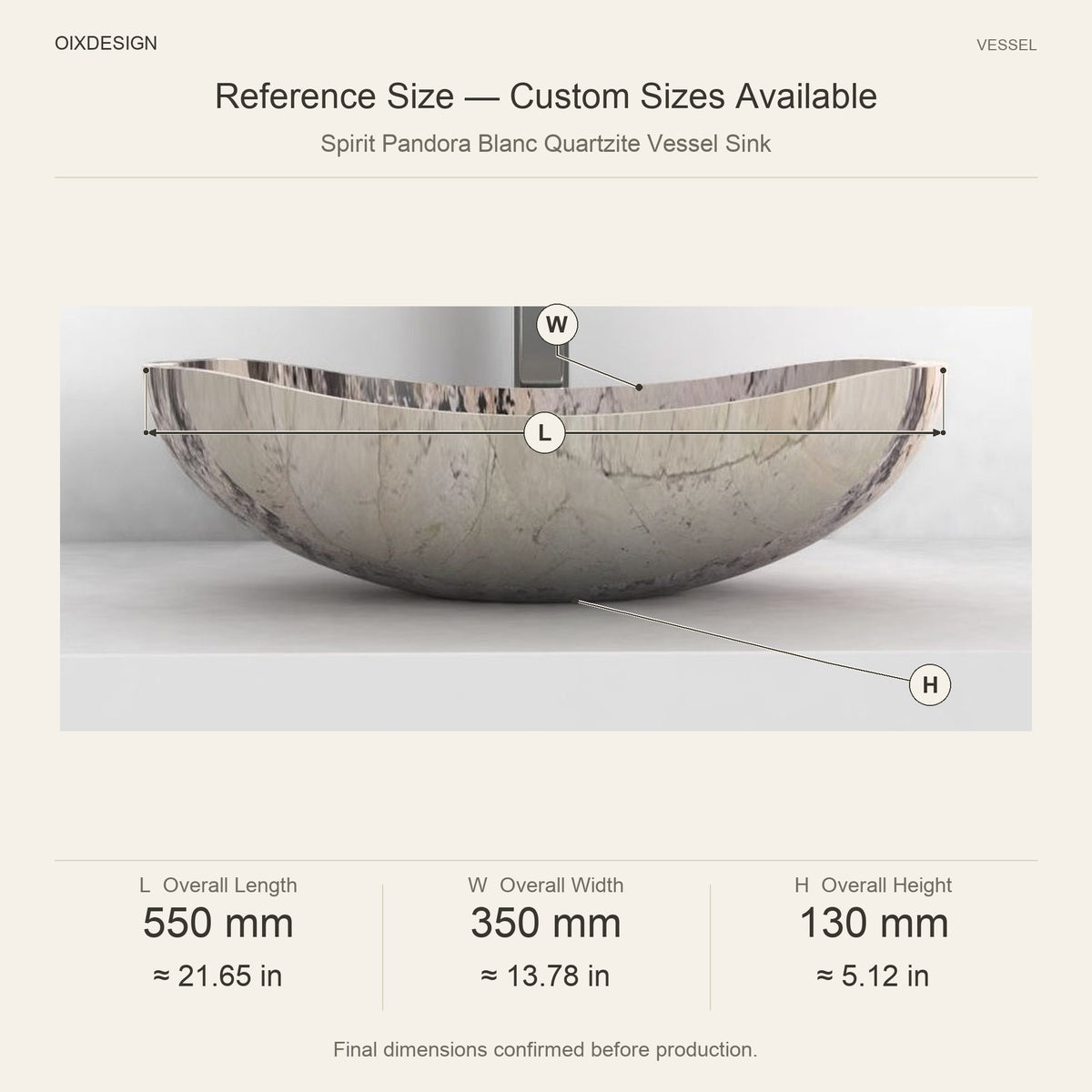 Spirit Pandora Blanc Quartzite Vessel Sink reference overall dimensions in millimeters and inches