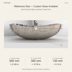 Spirit Pandora Blanc Quartzite Vessel Sink reference overall dimensions in millimeters and inches