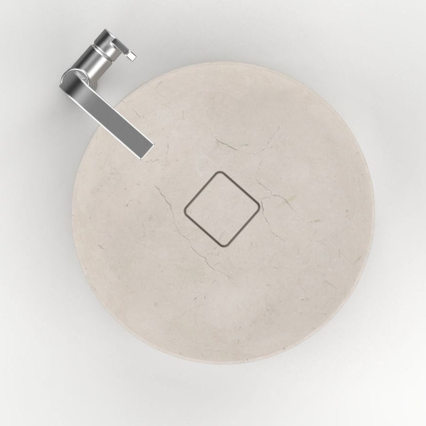 Seada Botticino Marble Vessel Sink, interior, rim and material detail