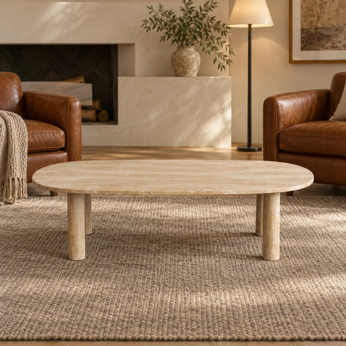Low front view of the SquareCurve Italian Classico travertine coffee table in a leather-chair reading lounge, showing its thin top and four stone legs.