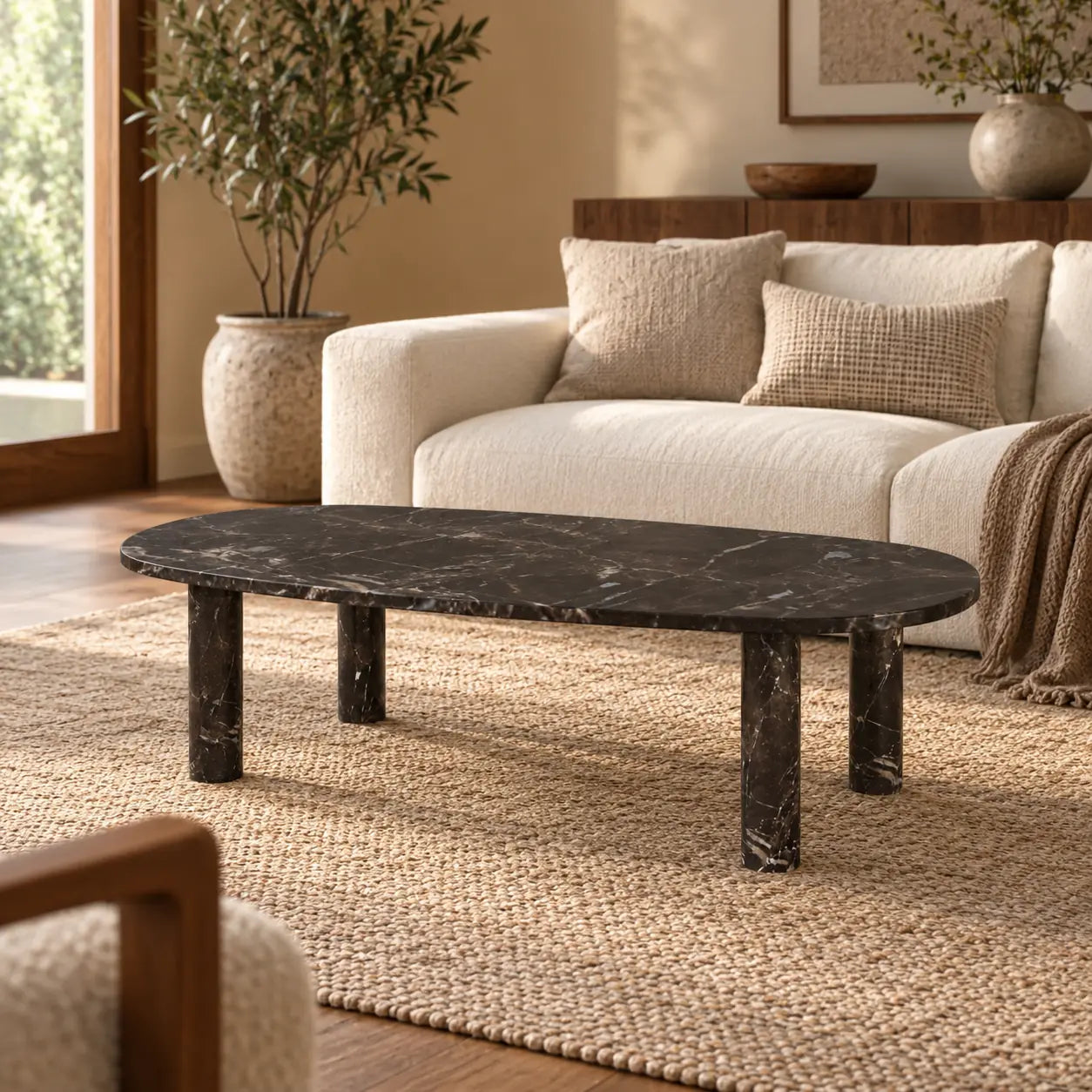 SquareCurve Spanish Dark Emperador marble coffee table with a thin rounded rectangular top and four cylindrical legs in a warm cream-sofa living room.