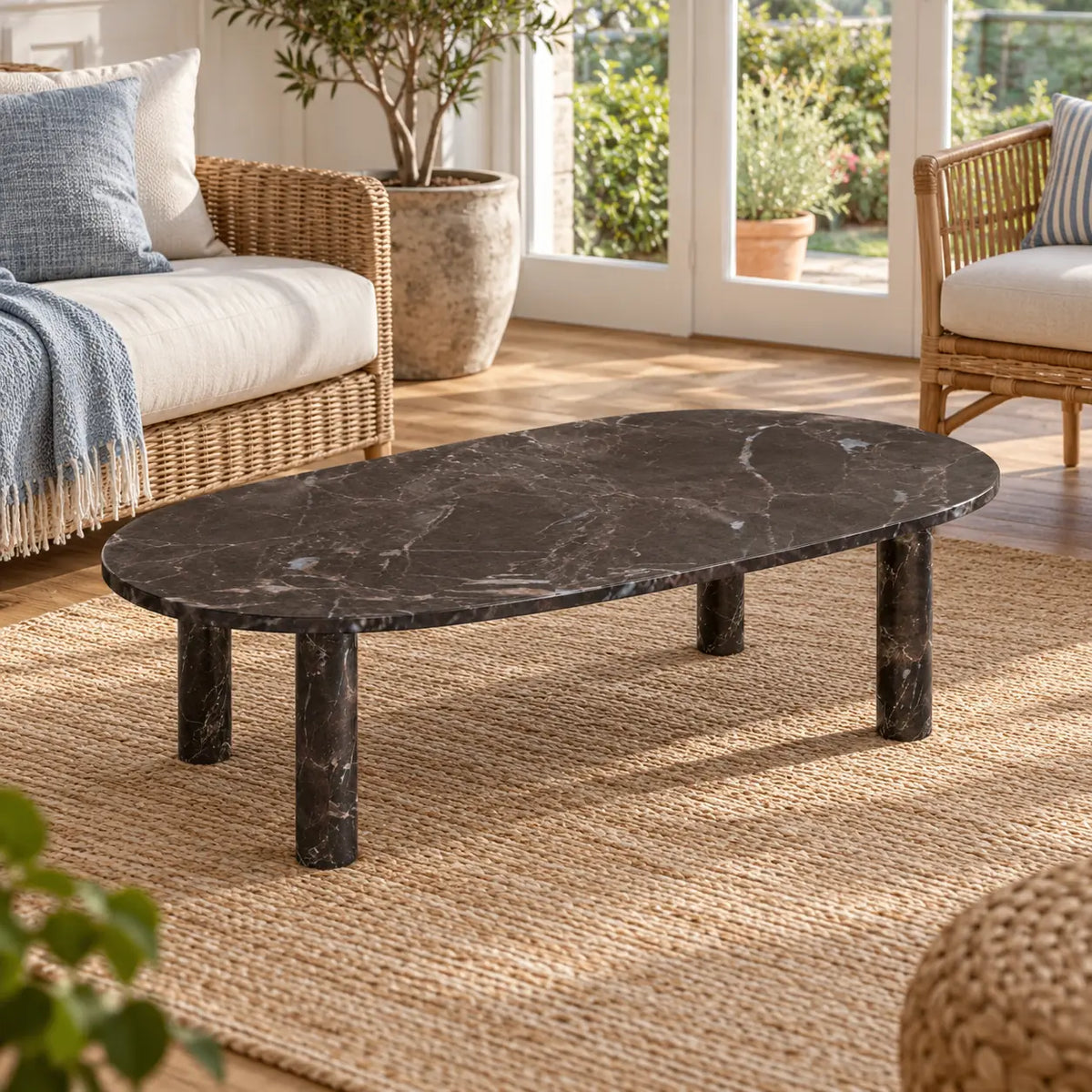 Elevated view of the SquareCurve Spanish Dark Emperador marble coffee table in a garden-facing sunroom, showing its rounded rectangular top and four cylindrical supports.