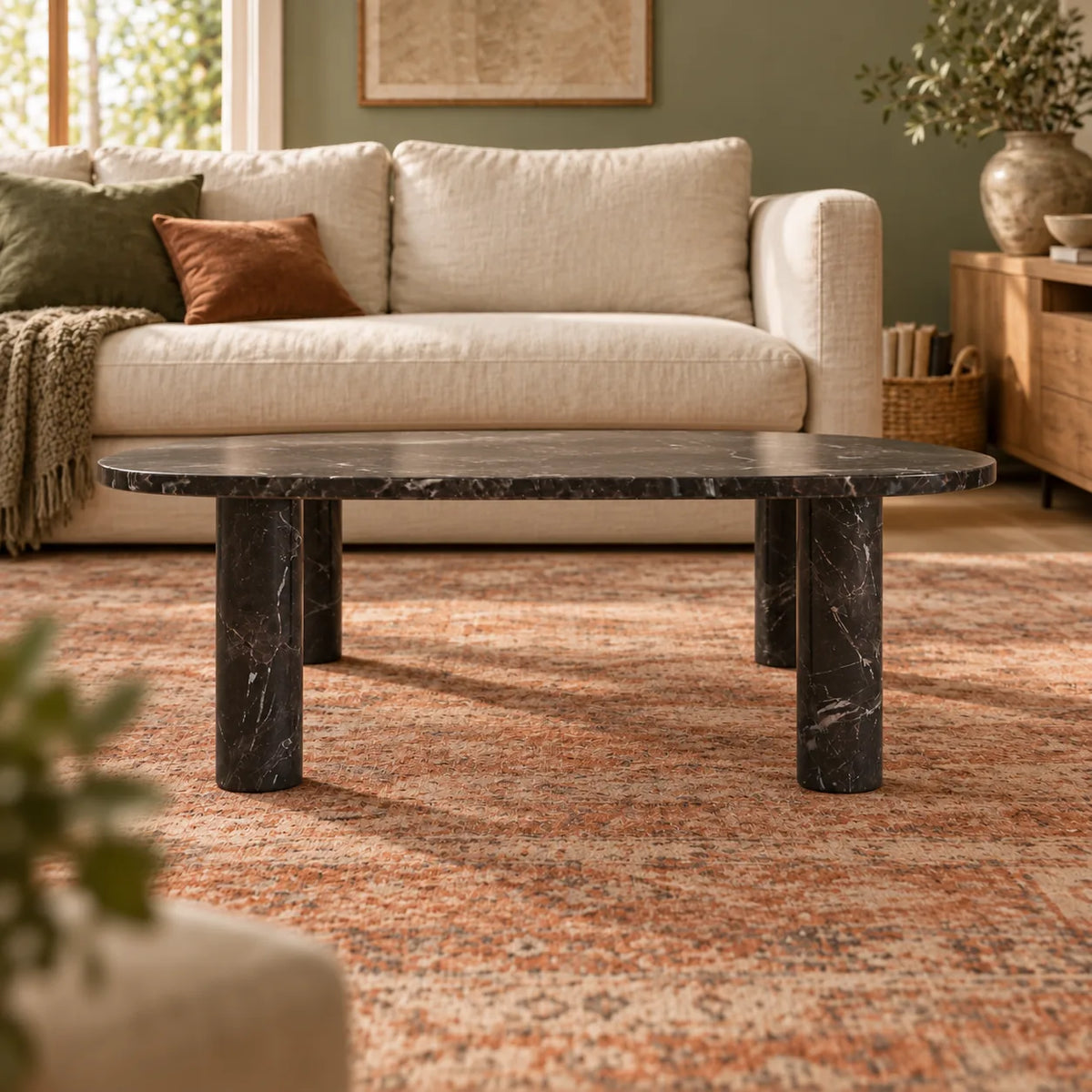 SquareSoft Black Emperador marble coffee table in a linen-sofa family lounge, shown from a low front view