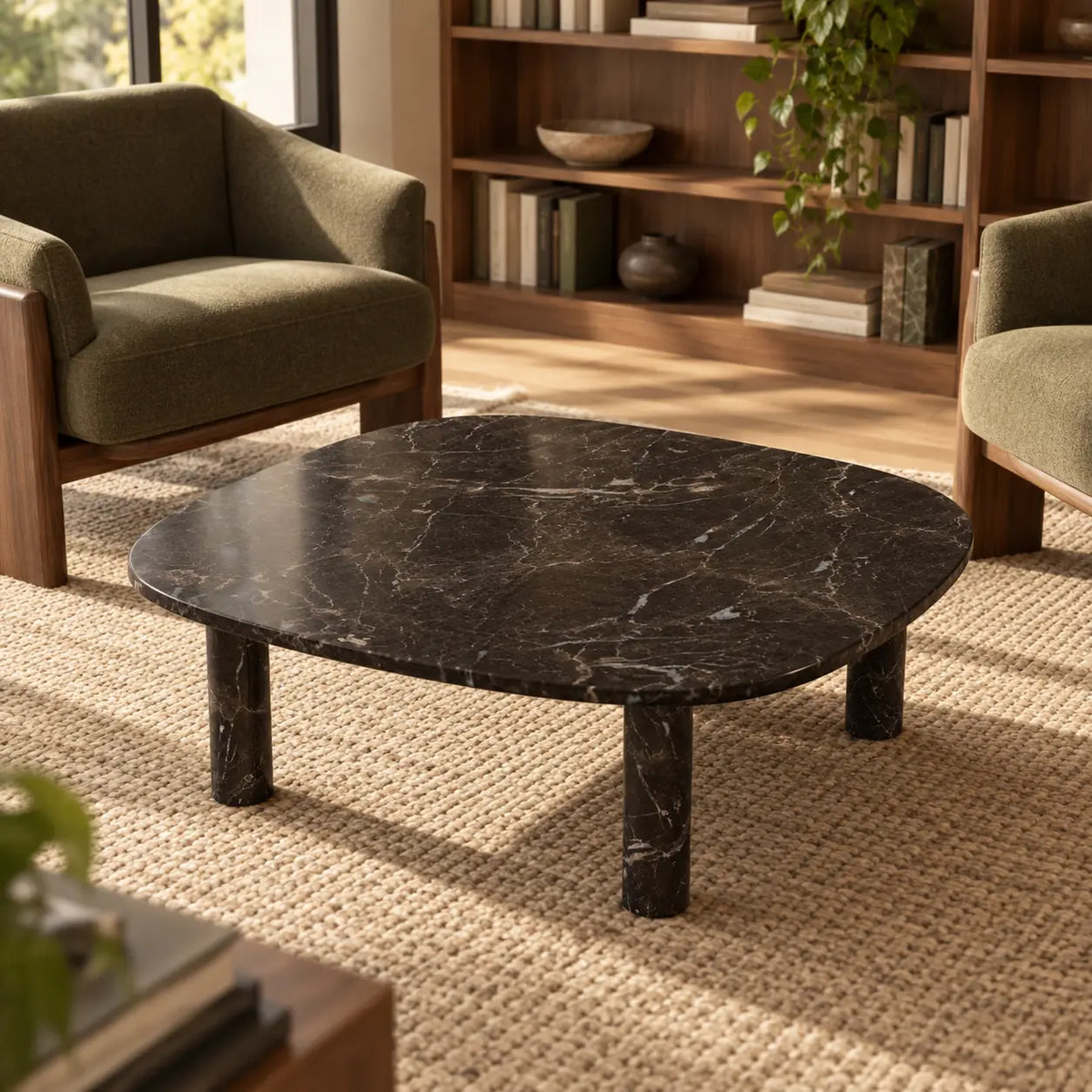 SquareSoft Black Emperador marble coffee table in a walnut home library, shown from an elevated front-right view