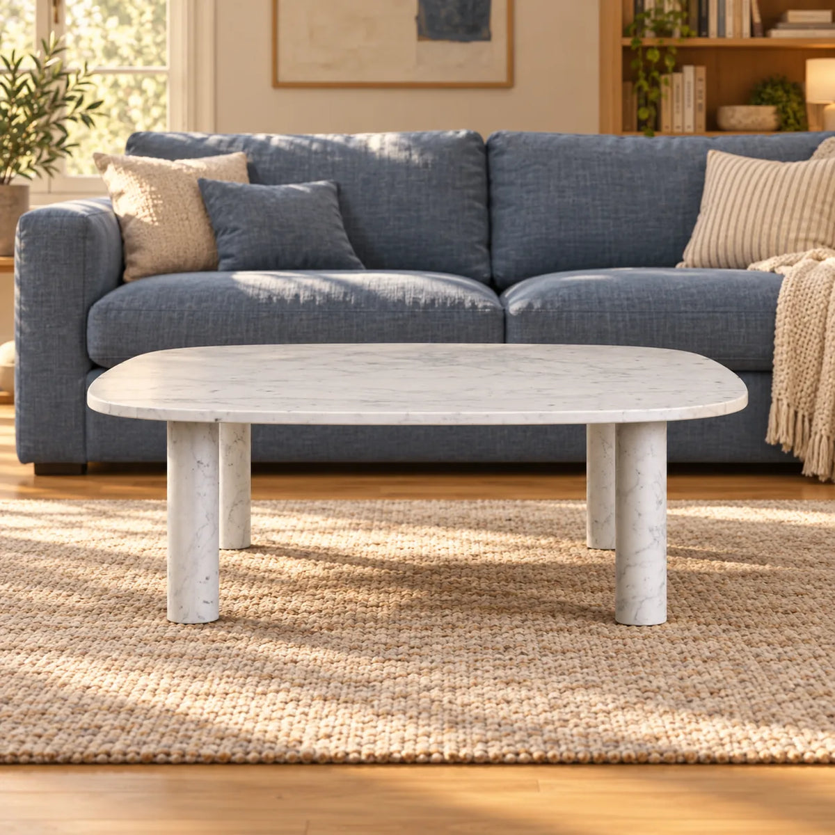 SquareSoft Carrara marble coffee table in front of a blue linen sofa, shown from a low front view