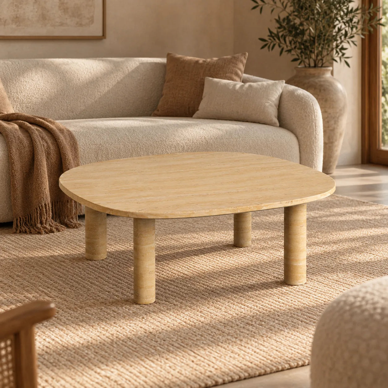 SquareSoft Italian Classico travertine coffee table in a warm living room, showing its rounded-square top and four cylindrical legs.