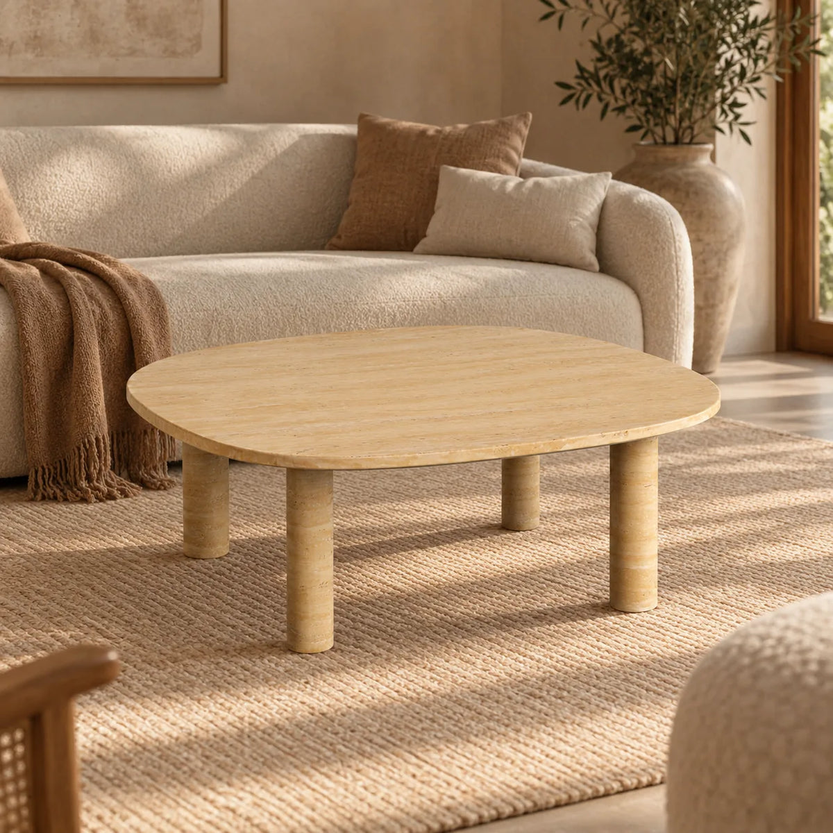 SquareSoft Italian Classico travertine coffee table in a warm living room, showing its rounded-square top and four cylindrical legs.