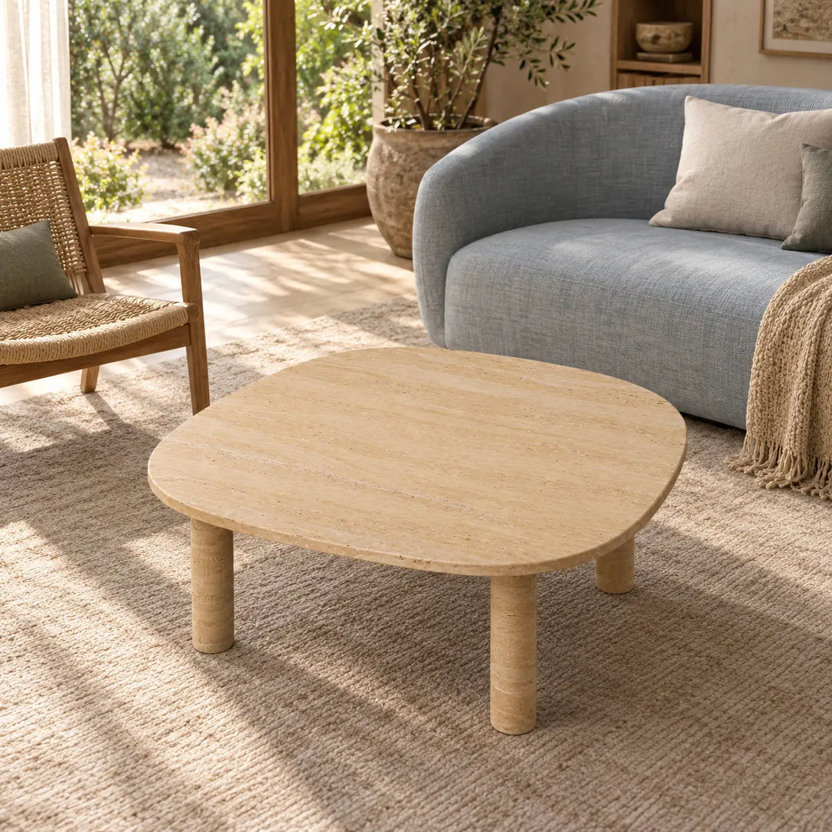 Elevated view of the SquareSoft travertine coffee table in a garden-facing reading room, highlighting its rounded-square tabletop.