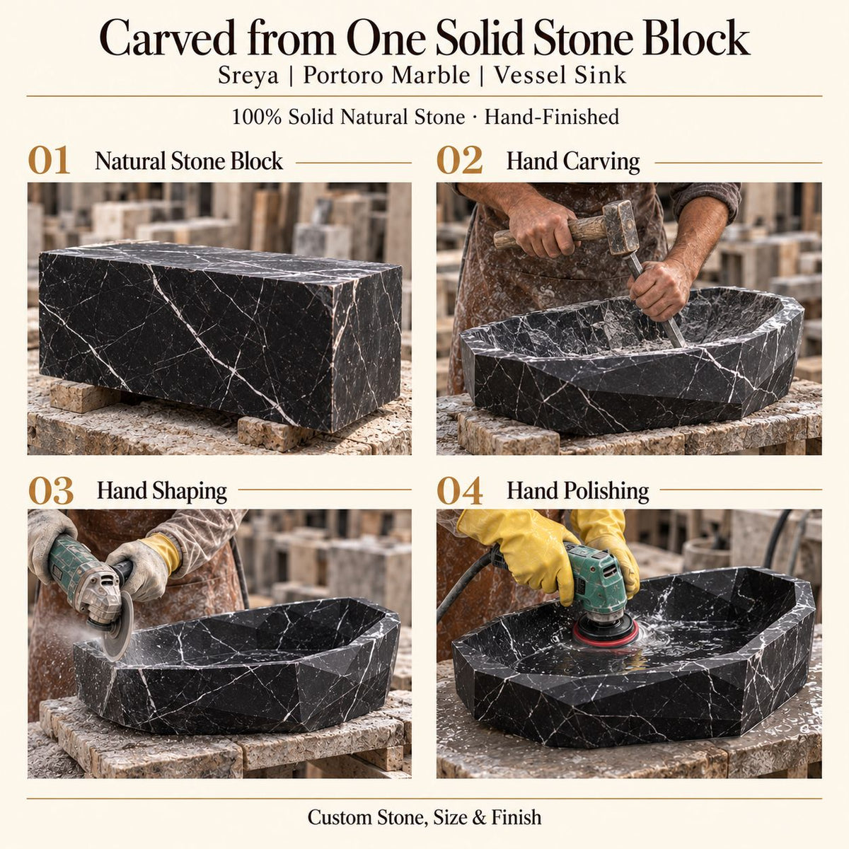 Sreya Portoro Marble Vessel Sink carved from one solid stone block, showing manual hammer-and-chisel carving, hand shaping and hand polishing; custom stone, size and finish.