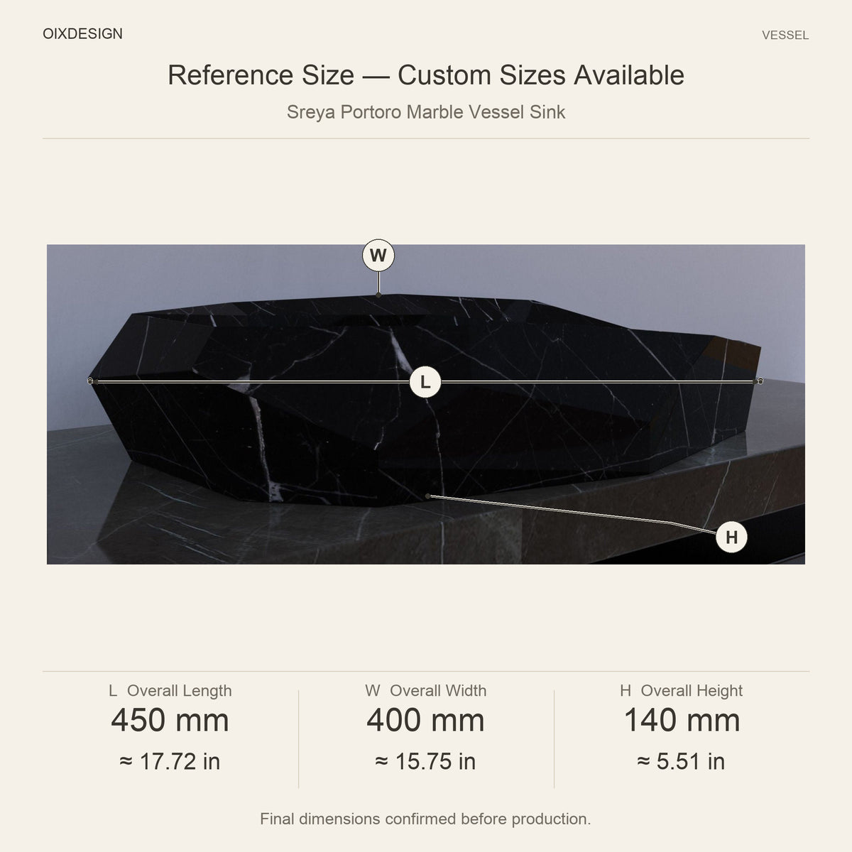 Sreya Portoro Marble Vessel Sink reference overall dimensions in millimeters and inches