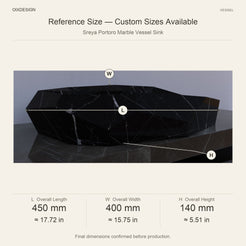 Sreya Portoro Marble Vessel Sink reference overall dimensions in millimeters and inches