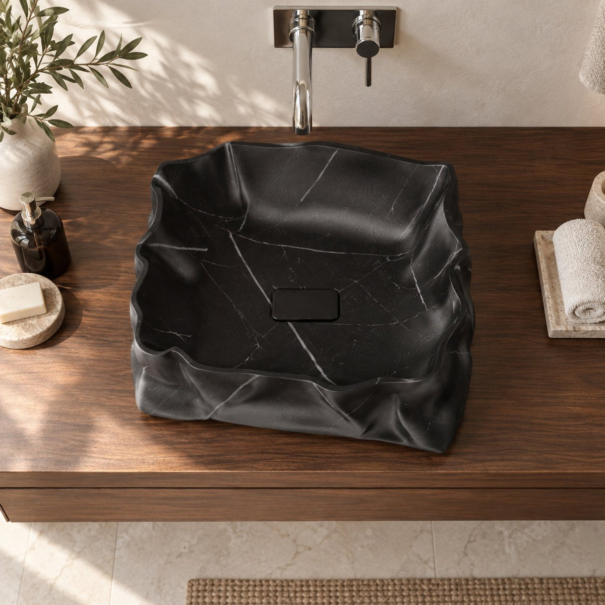 Srusti Portoro Marble Vessel Sink — overhead bathroom lifestyle