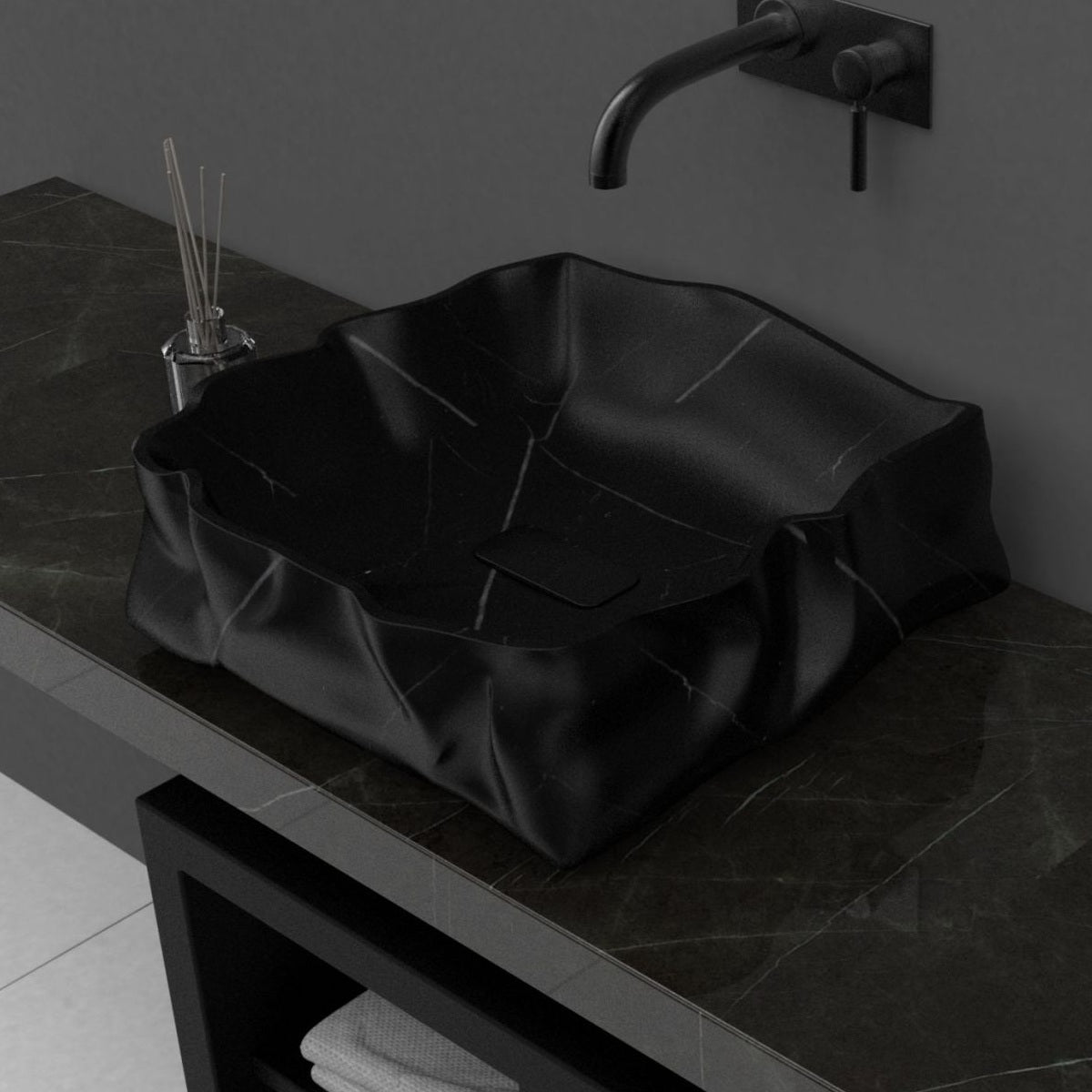 Srusti Portoro Marble Vessel Sink, alternate countertop lifestyle angle